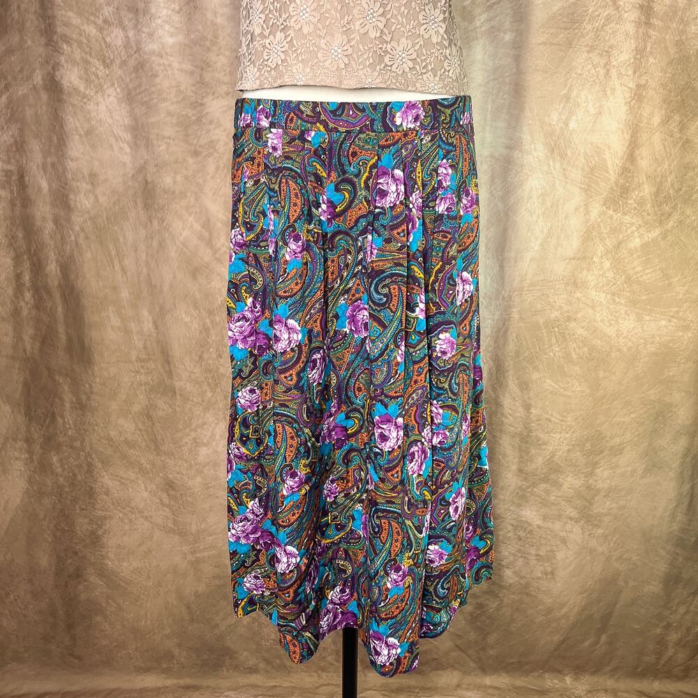 Vintage Paisley Midi Skirt 90s Multicolor Floral Pleated Boho Hippie